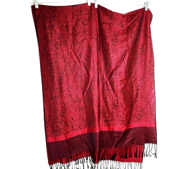 Cashmere & Silk Burgundy Red Pashmina Shawl Tassels Paisley Reversible Gorgeous - Picture 1 of 9